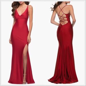 La Femme V-neck Red Jersey Gown